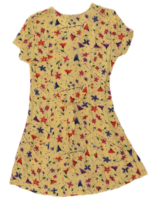 Abito camicia vintage da donna a maniche corte UK 14 Viscosa floreale giallo medio