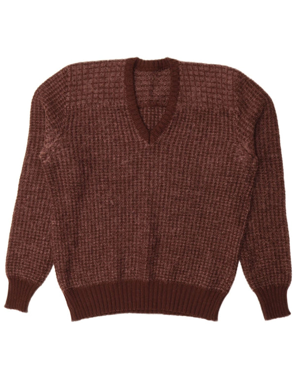 Maglione vintage da donna con scollo a V IT 52 2XL Lana vergine geometrica marrone