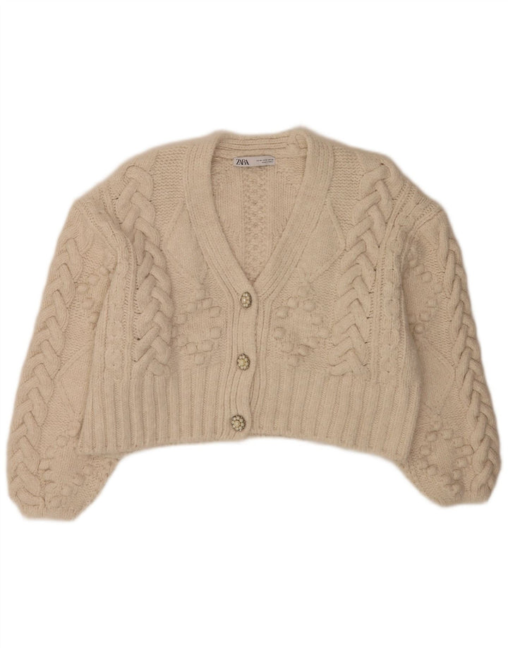 Maglione cardigan oversize corto da donna Zara UK 14 Acrilico bianco sporco medio