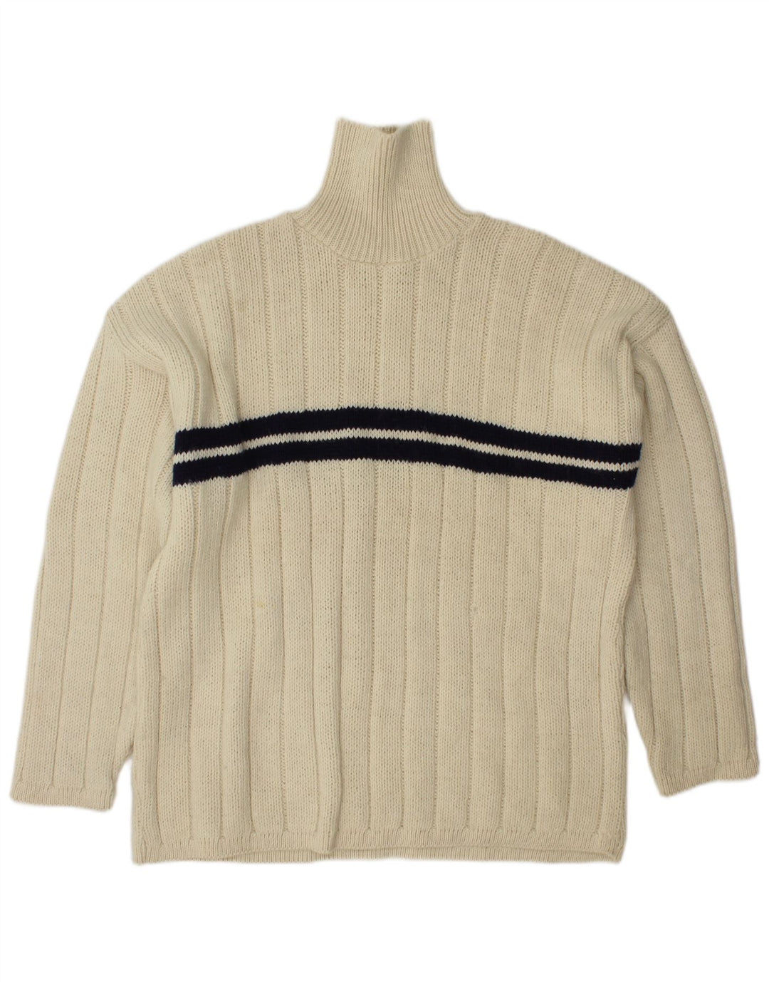 VINTAGE Maglione da uomo a collo alto con collo alto in lana a righe bianco sporco