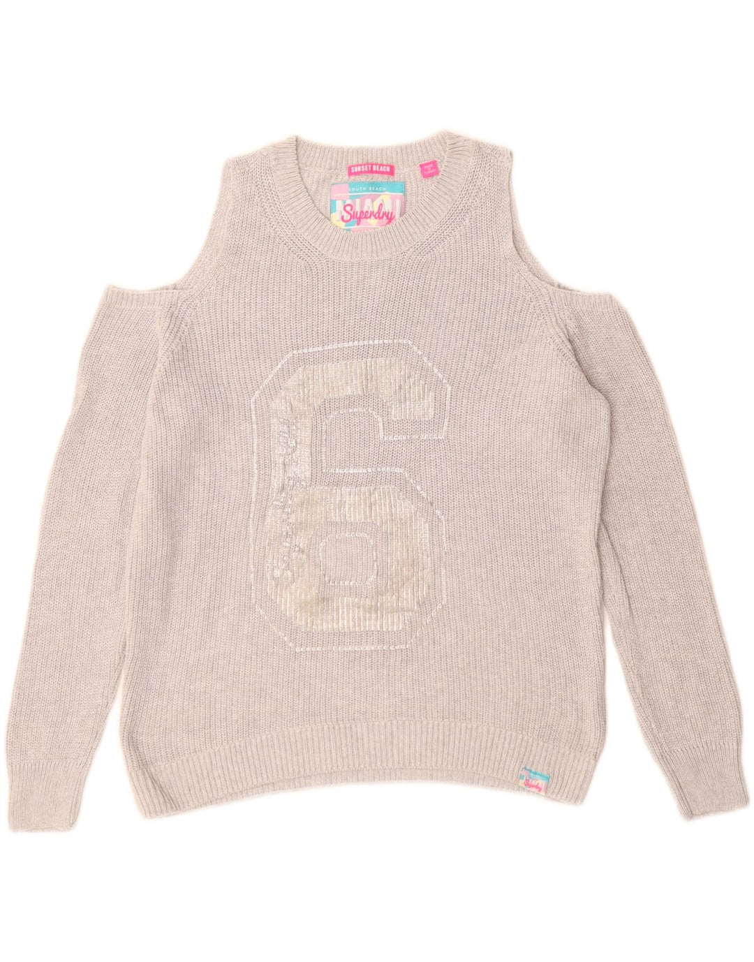 Maglione da donna con scollo a barca con grafica SUPERDRY UK 14 Grigio medio