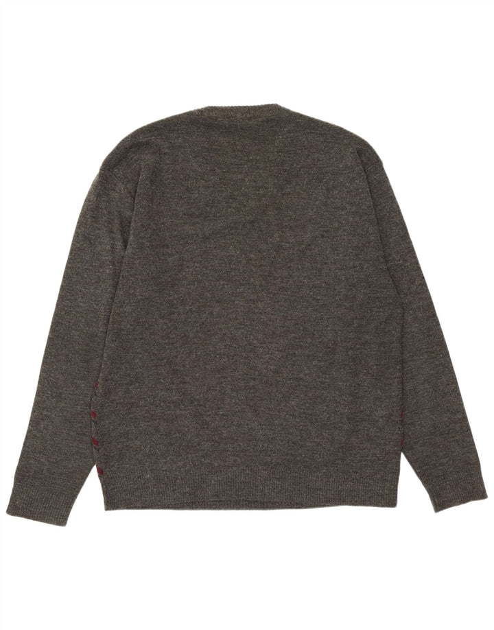 Maglione vintage da uomo con scollo a V grigio medio a rombi/acrilico diamante