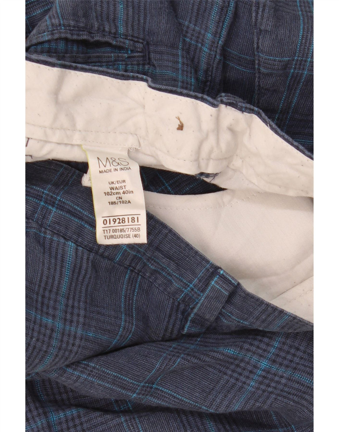 MARKS & SPENCER Pantaloncini chino da uomo W40 XL Lino a quadri blu navy
