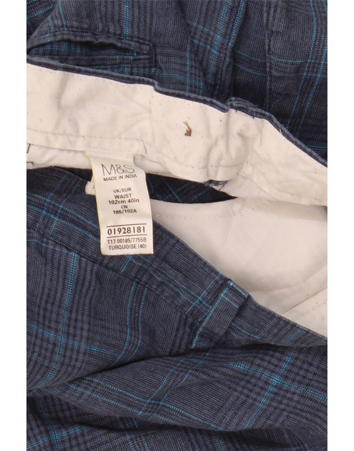 MARKS & SPENCER Pantaloncini chino da uomo W40 XL Lino a quadri blu navy