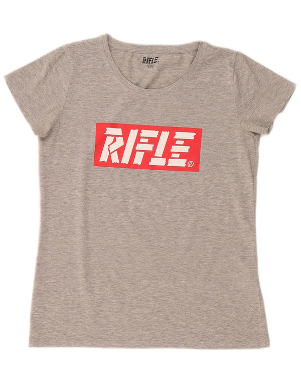 T-shirt grafica da donna Rifle Top UK 14 grande cotone chiazzato grigio
