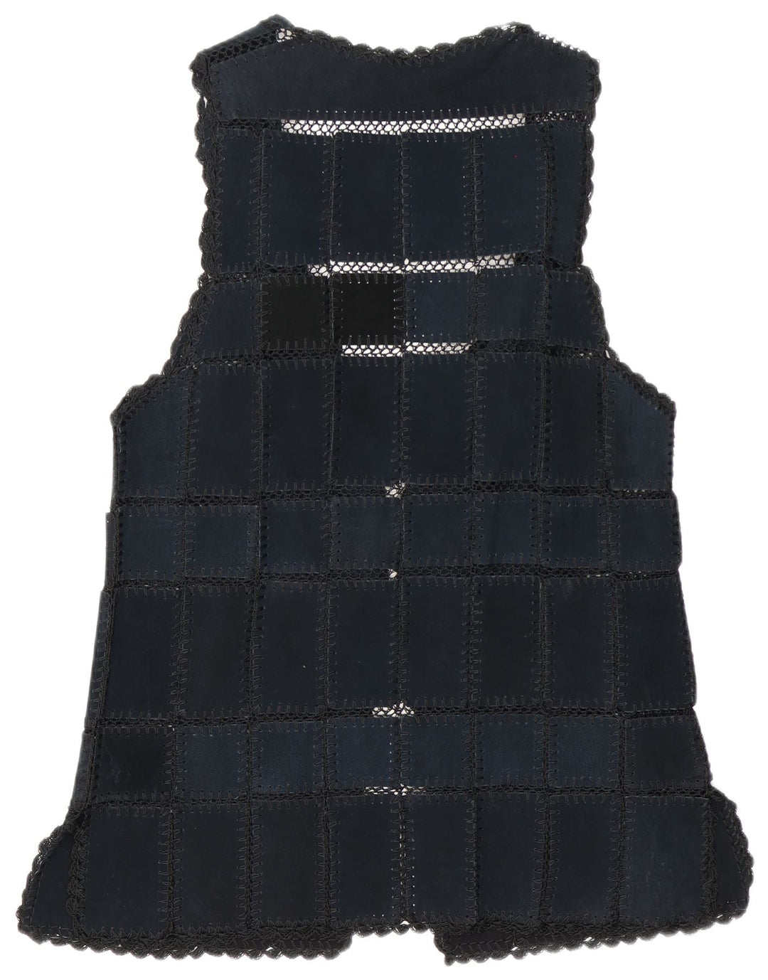 Gilet vintage in pelle scamosciata da donna UK 16 grande patchwork blu navy