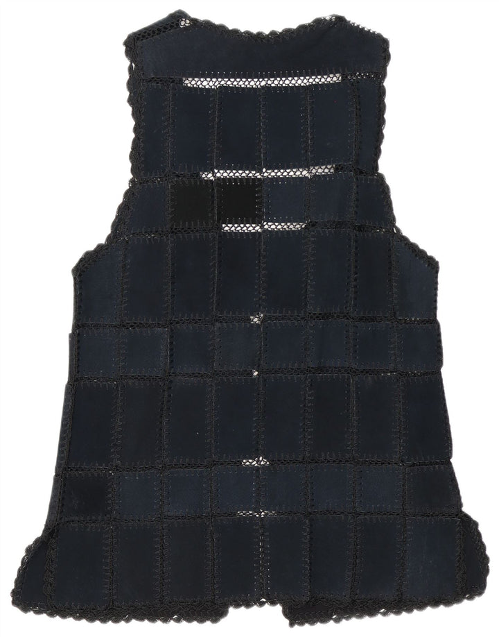 Gilet vintage in pelle scamosciata da donna UK 16 grande patchwork blu navy