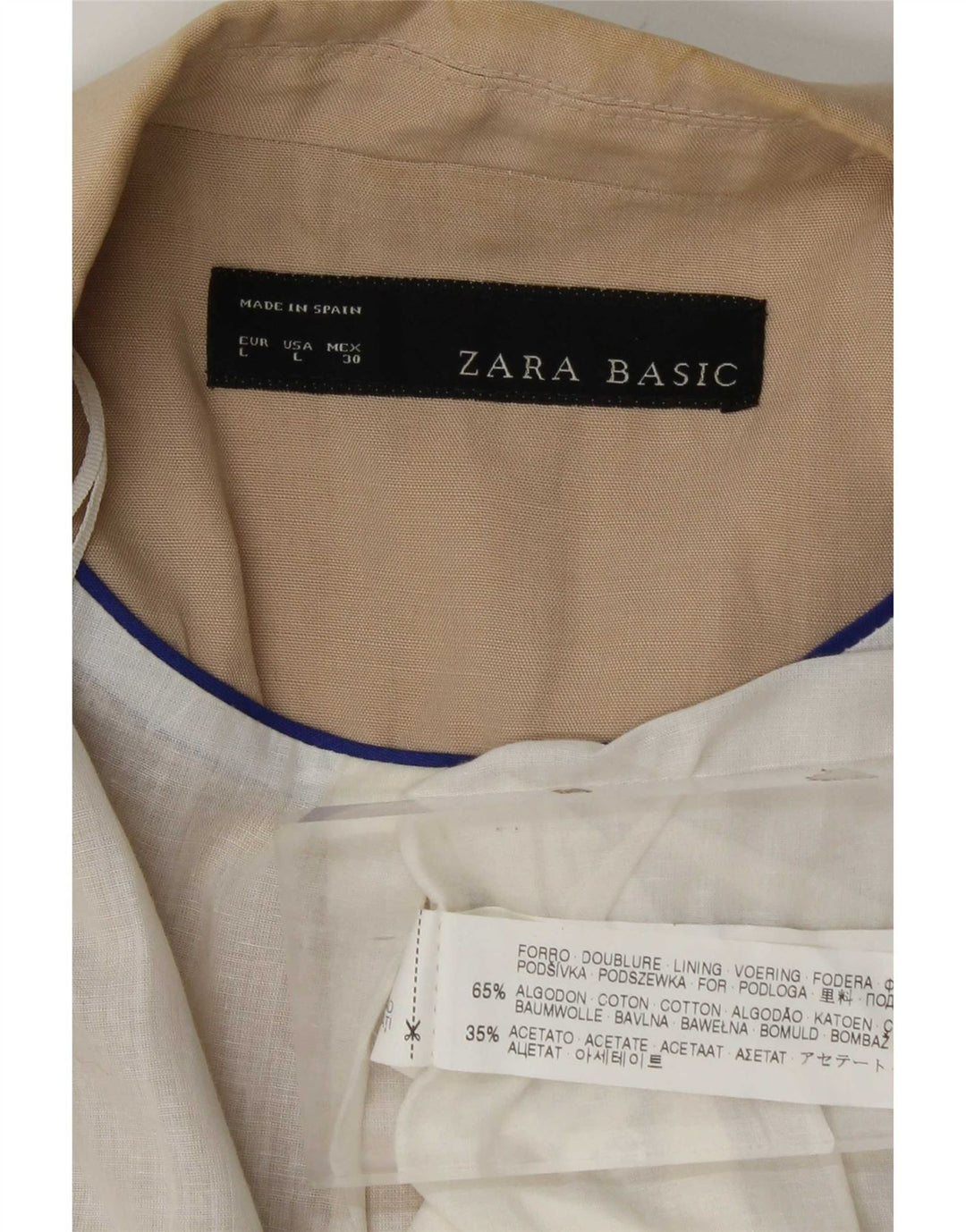 Giacca blazer aperta da donna con maniche a 3/4 Zara UK 14 grande in cotone beige