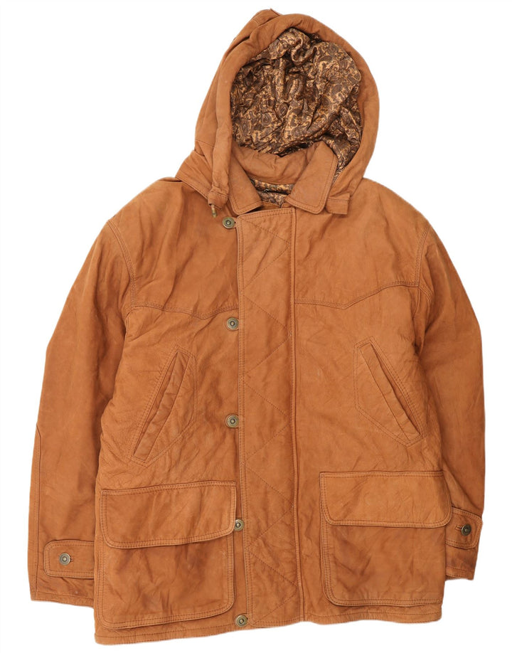 Giacca in pelle con cappuccio da uomo VINTAGE EU 54 2XL Pelle marrone