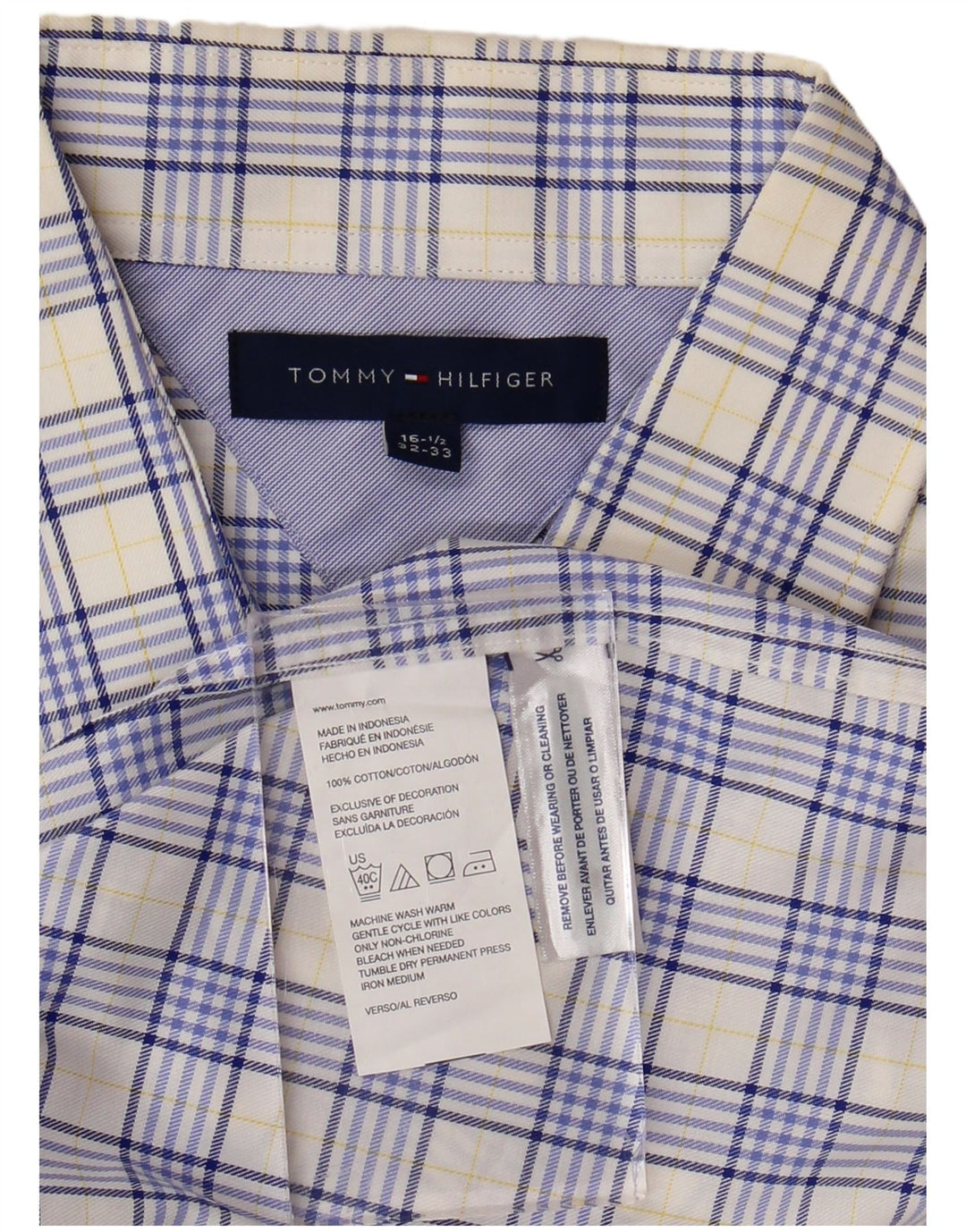 TOMMY HILFIGER Camicia da uomo taglia 16 1/2 grande cotone a quadri blu