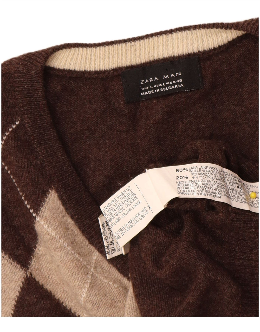 Maglione Zara da uomo con scollo a V grande marrone a rombi/lana diamante