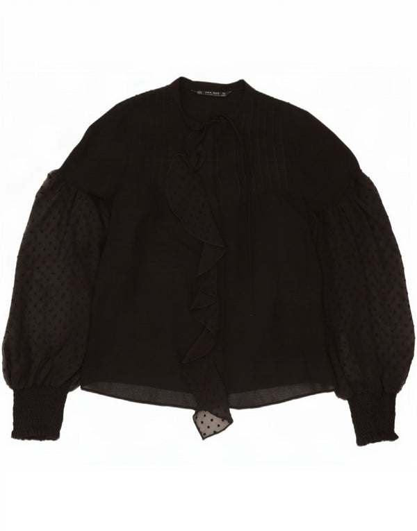 Zara Donna Camicia Oversize con Cravatta sul Davanti Camicetta UK 14 Media Nera Maculata