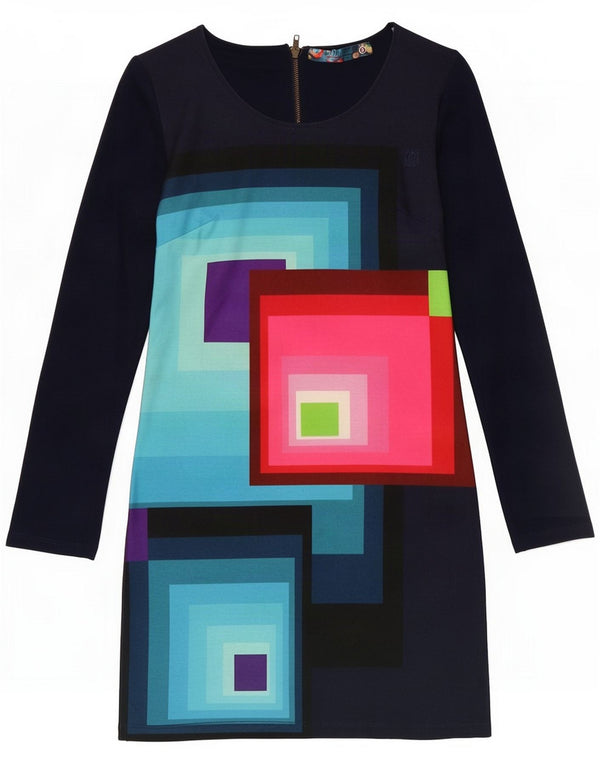Desigual Abito tubino a maniche lunghe da donna UK 10 Small Navy Blue Geometric