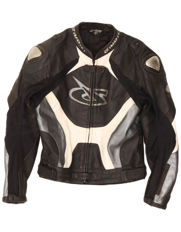 Giacca da corsa grafica da uomo Giudici UK 36 Small in pelle nera a blocchi di colore