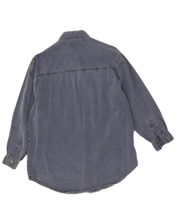 Camicia in denim a maniche lunghe con grafica vintage da donna UK 14 grande floreale blu navy
