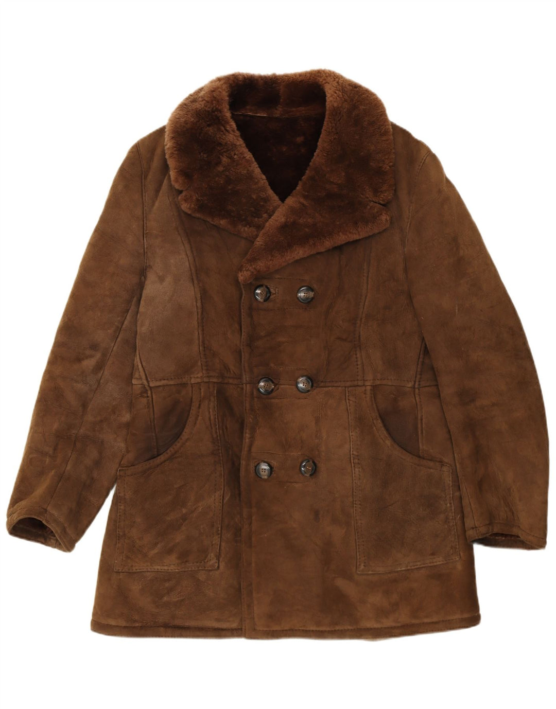Giubbotto shearling doppiopetto vintage da uomo IT 54 2XL in pelle marrone