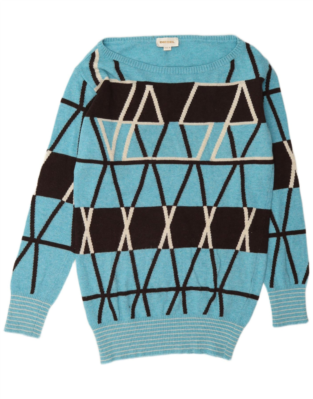 Maglione maglione con scollo a barca da donna Diesel UK 14 Lana geometrica blu medio