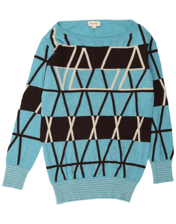 Maglione maglione con scollo a barca da donna Diesel UK 14 Lana geometrica blu medio