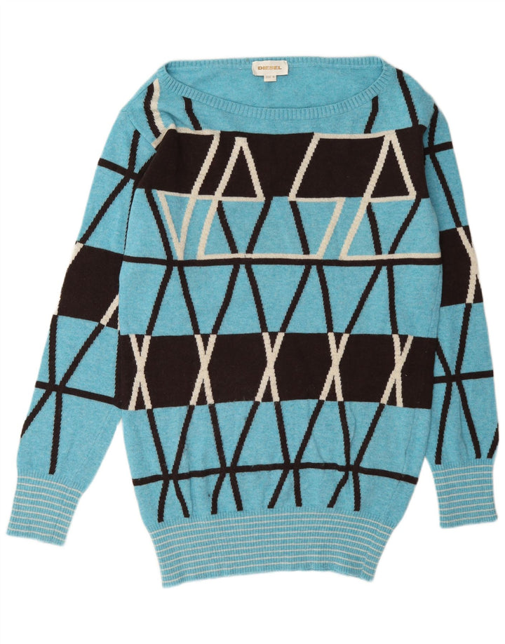 Maglione maglione con scollo a barca da donna Diesel UK 14 Lana geometrica blu medio