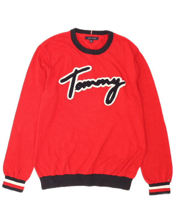 Maglione maglione girocollo grafico da uomo Tommy Hilfiger XL rosso a blocchi di colore