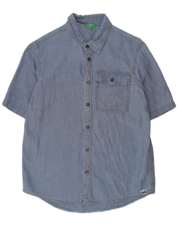 Camicia Benetton Bambino Manica Corta 10-11 Anni XL Cotone Gessato Blu