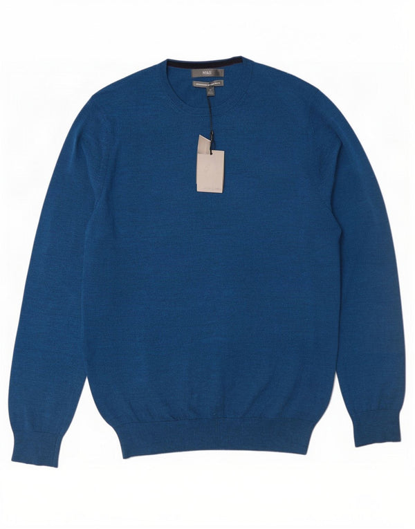 Maglione maglione girocollo da uomo Marks & Spencer medio blu navy in lana merino