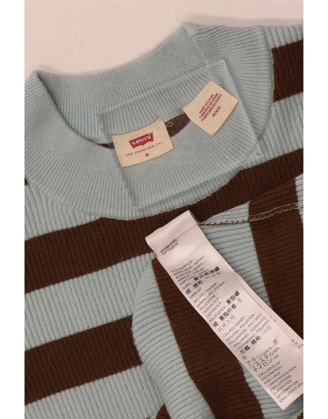 Maglione maglione girocollo da donna Levi's UK 12 Acrilico a strisce blu medio