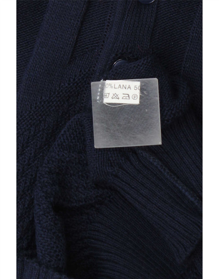 Maglione vintage da uomo con collo a polo, grande, in lana blu navy