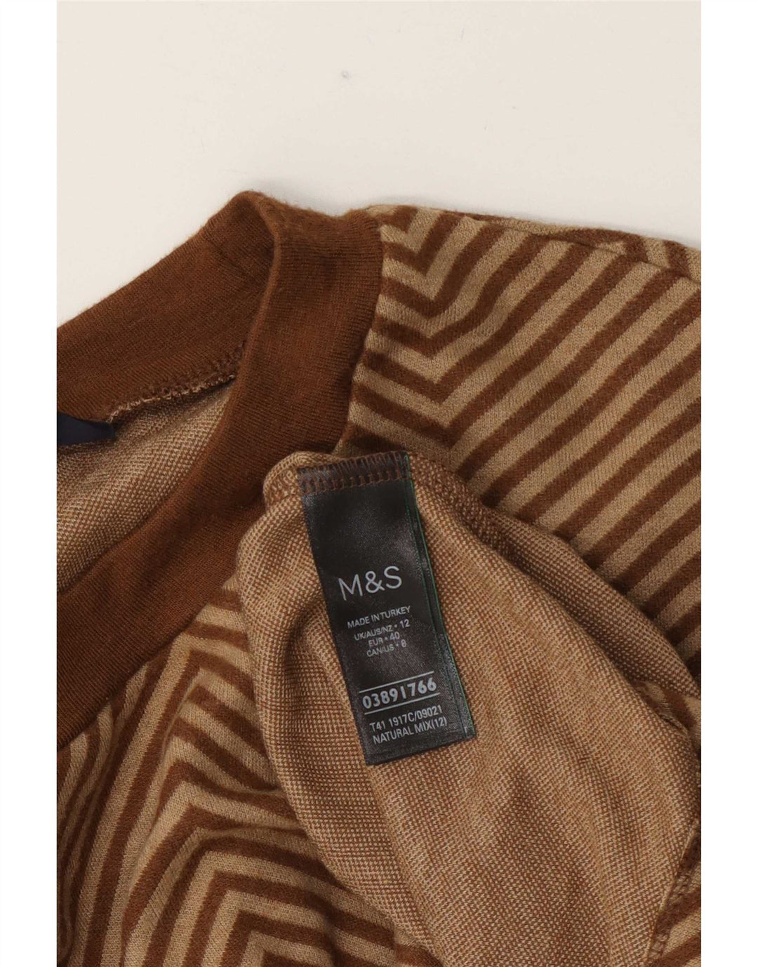 Maglione maglione girocollo da donna Marks & Spencer UK 12 Chevron marrone medio