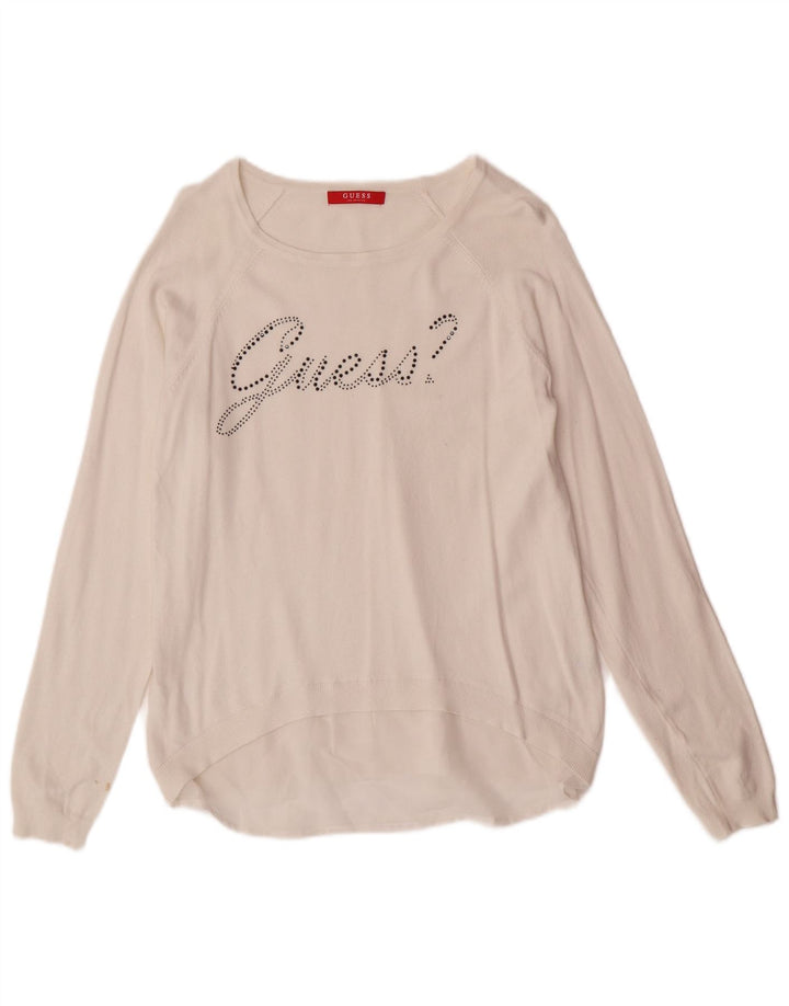 Guess Maglione da donna con scollo a barchetta con grafica UK 10 Small Bianco