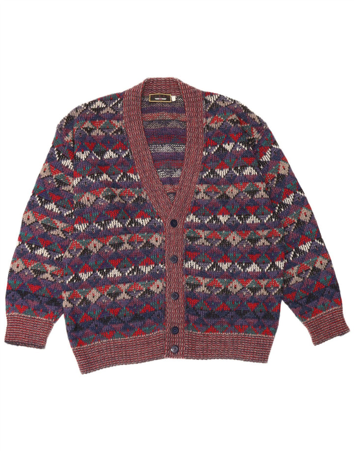 Maglione cardigan da uomo vintage in lana geometrica multicolore grande