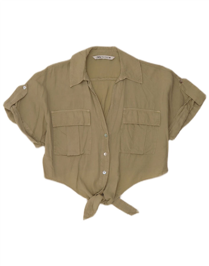 Zara Donna Camicetta Camicia Oversize con Cravatta Frontale Taglia UK 6 XS Cachi