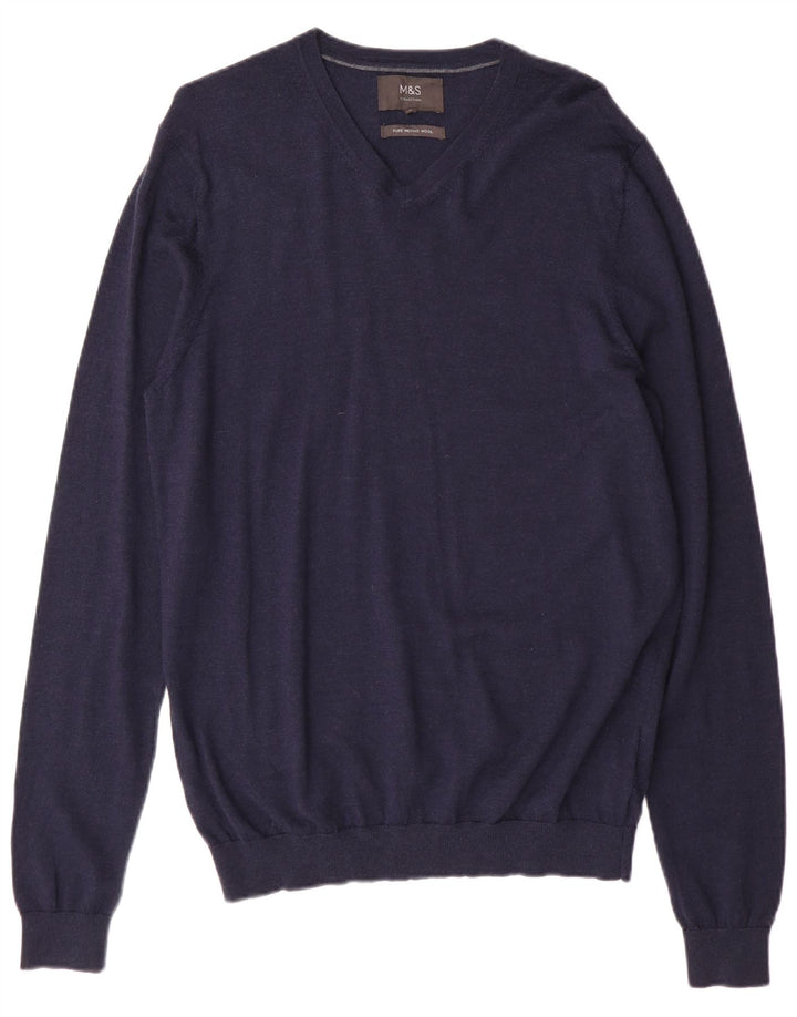 Maglione da uomo con scollo a V Marks & Spencer medio in lana merino blu navy