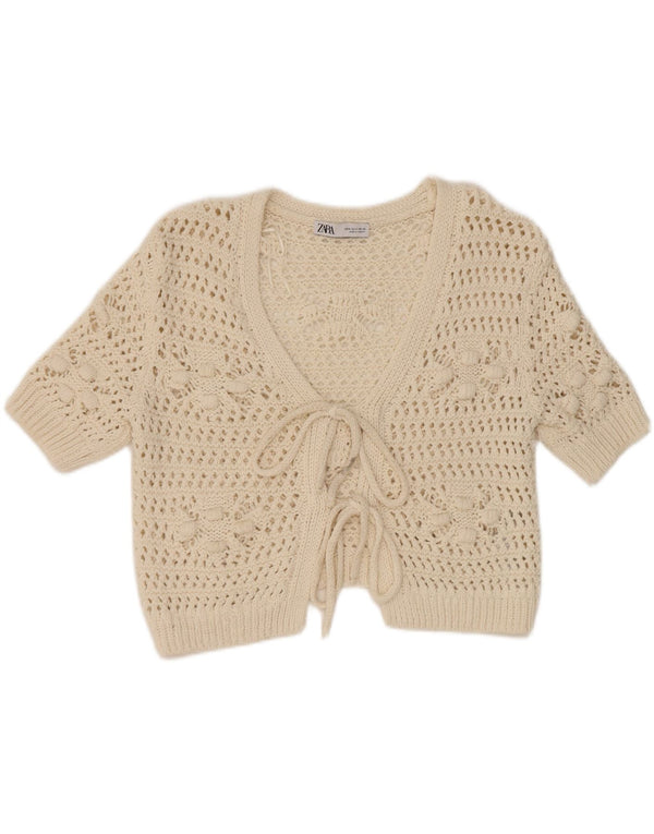 Maglione cardigan a maniche corte corto da donna Zara UK 14 bianco medio floreale