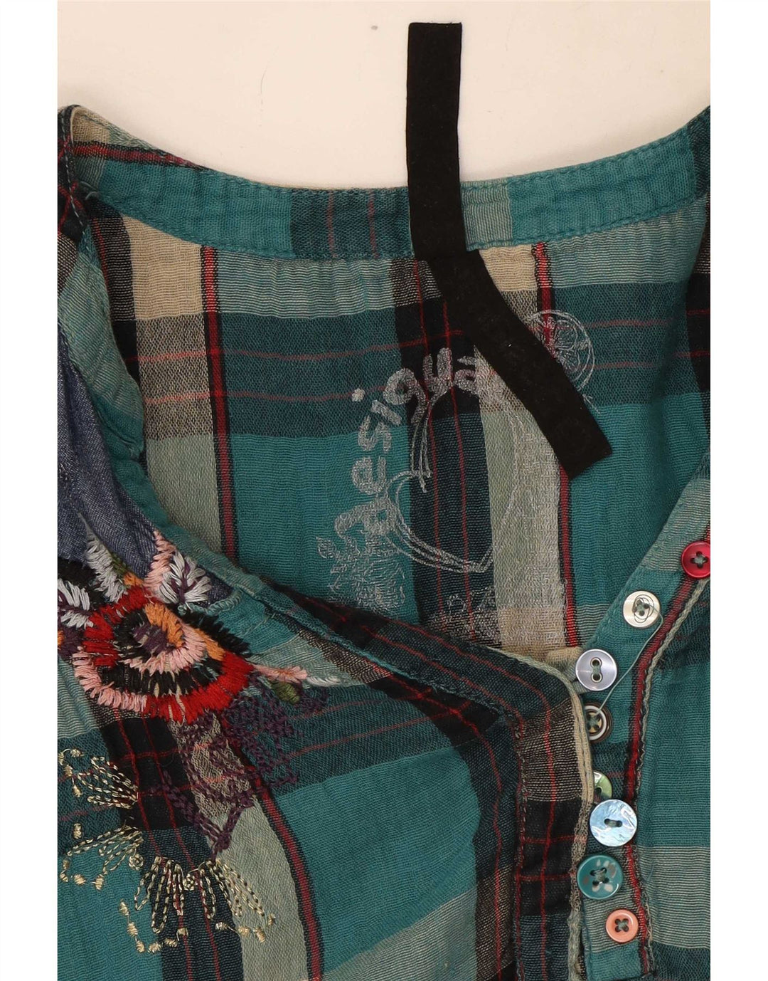 Desigual Donna Camicetta a Maniche Lunghe Top UK 16 Grande Turchese a Quadri