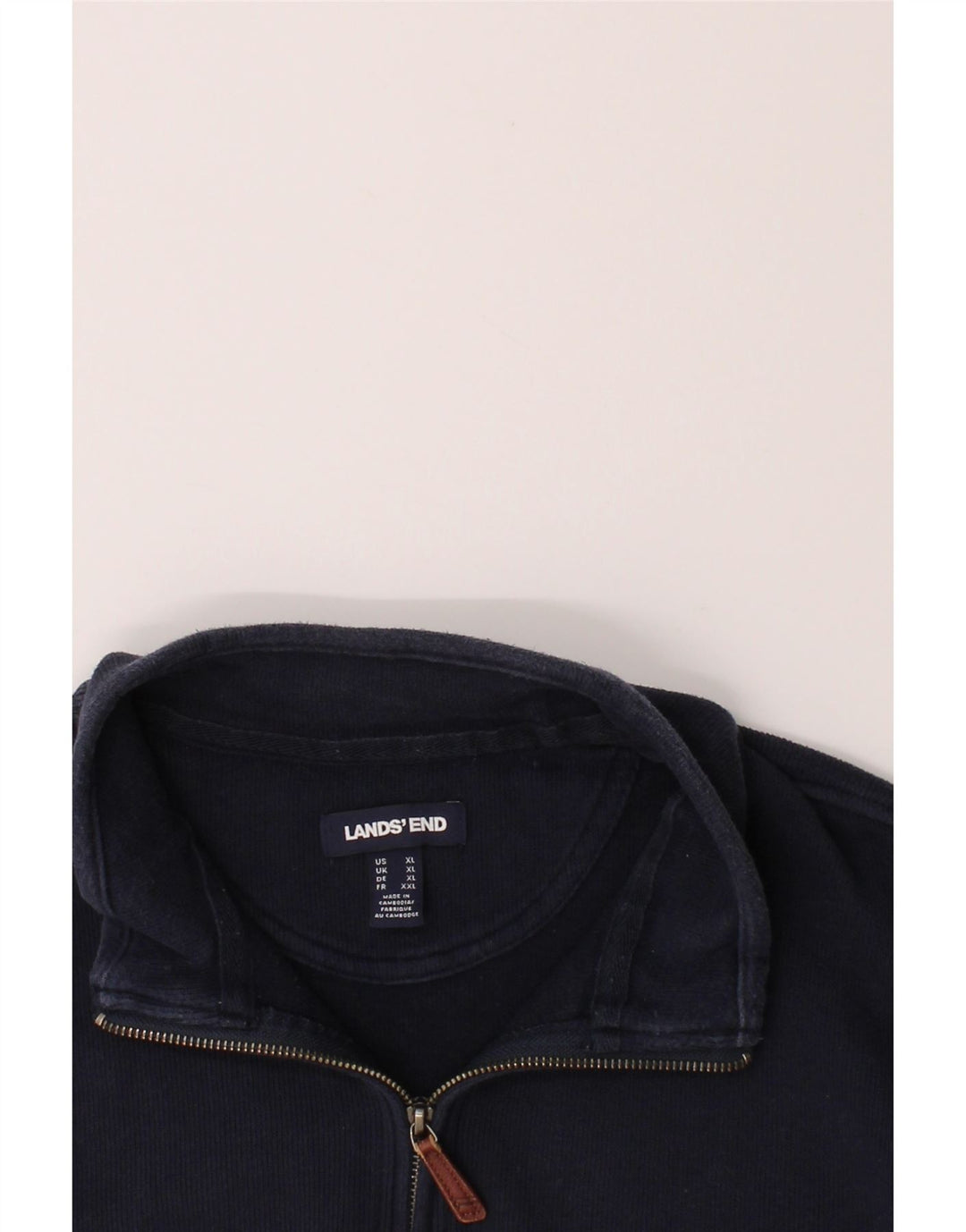 LANDS END Mens Zip Neck Sweatshirt Jumper XL Navy Blue Cotton Vintage Lands End and Second-Hand Lands End from Messina Hembry 