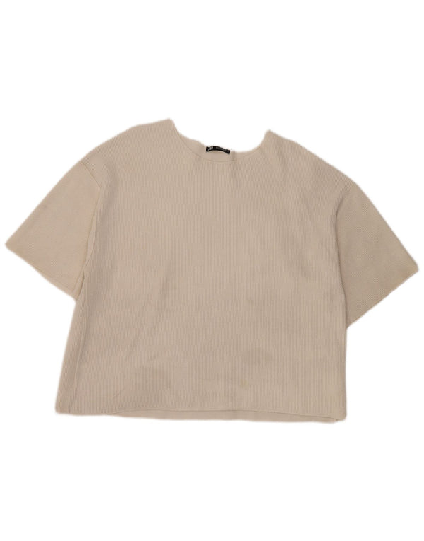 T-shirt corta da donna Zara UK 16 grande poliestere bianco sporco