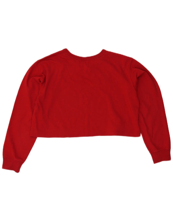 Top corto grafico da donna Champion manica lunga UK 16 grande cotone rosso