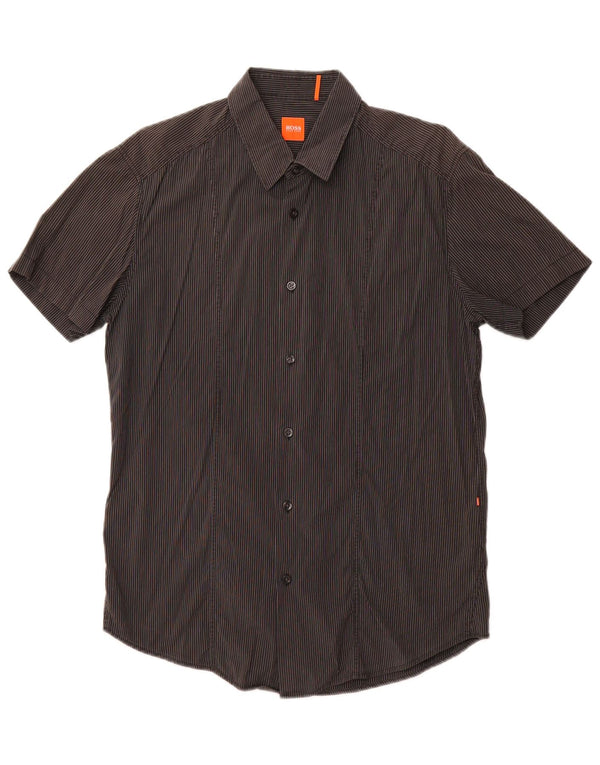 HUGO BOSS Mens Short Sleeve Shirt Large Grey Pinstripe Cotton