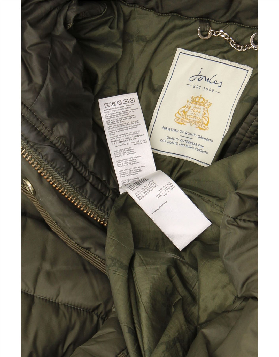 Cappotto imbottito con cappuccio da donna Joules UK 12 poliestere kaki medio