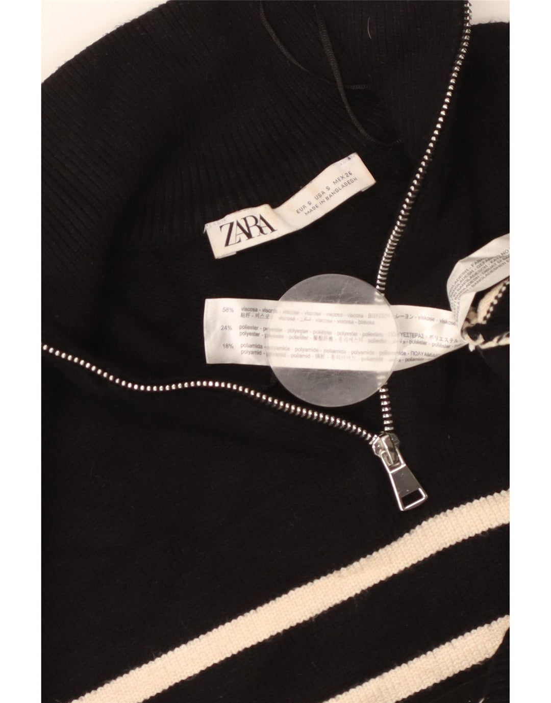 ZARA Maglione da Donna Oversize con Zip e Collo UK 10 Piccolo Nero a Righe