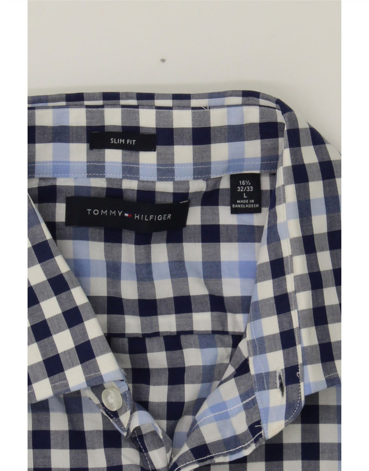 TOMMY HILFIGER Mens Slim Fit Shirt Size 16 1/2 Large Navy Blue Check Vintage Tommy Hilfiger and Second-Hand Tommy Hilfiger from Messina Hembry 