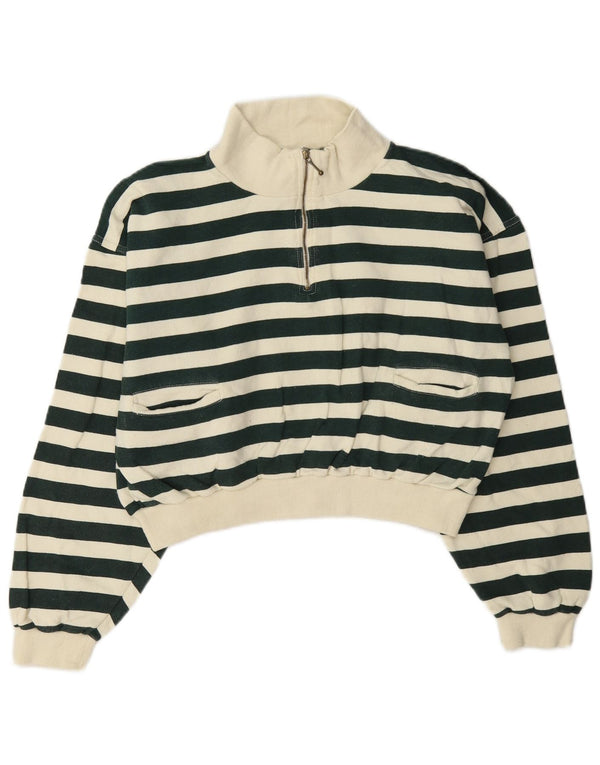 Felpa vintage da donna con collo corto e zip, maglione UK 12, verde medio a righe