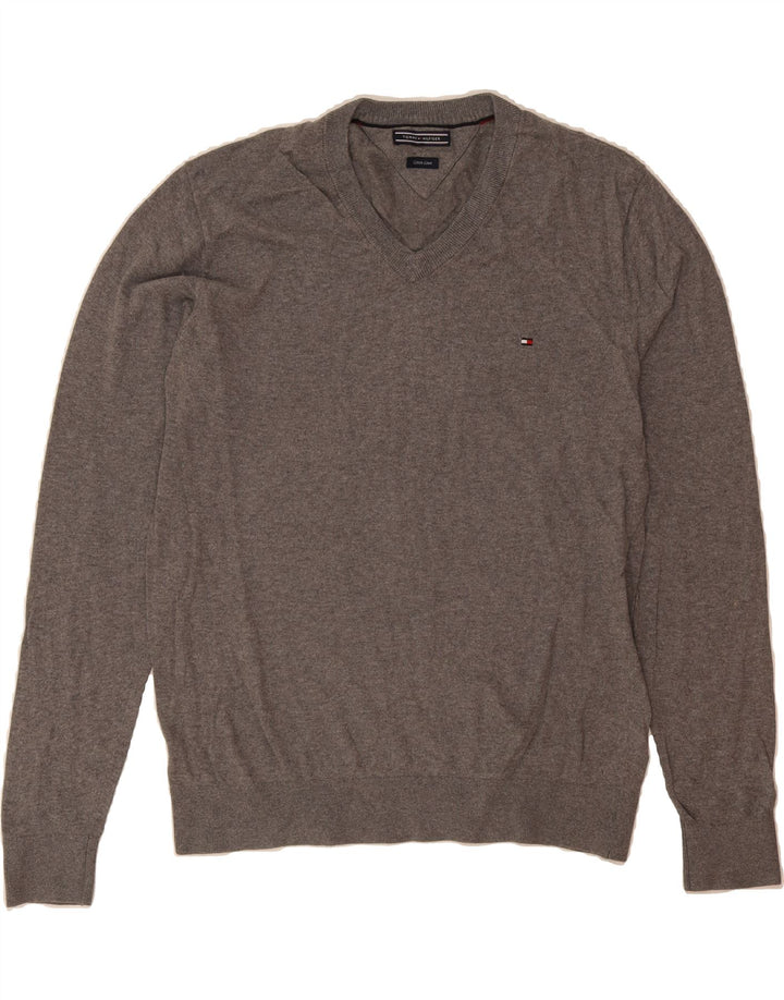 TOMMY HILFIGER Mens V-Neck Jumper Sweater Large Grey Cotton Vintage Tommy Hilfiger and Second-Hand Tommy Hilfiger from Messina Hembry 
