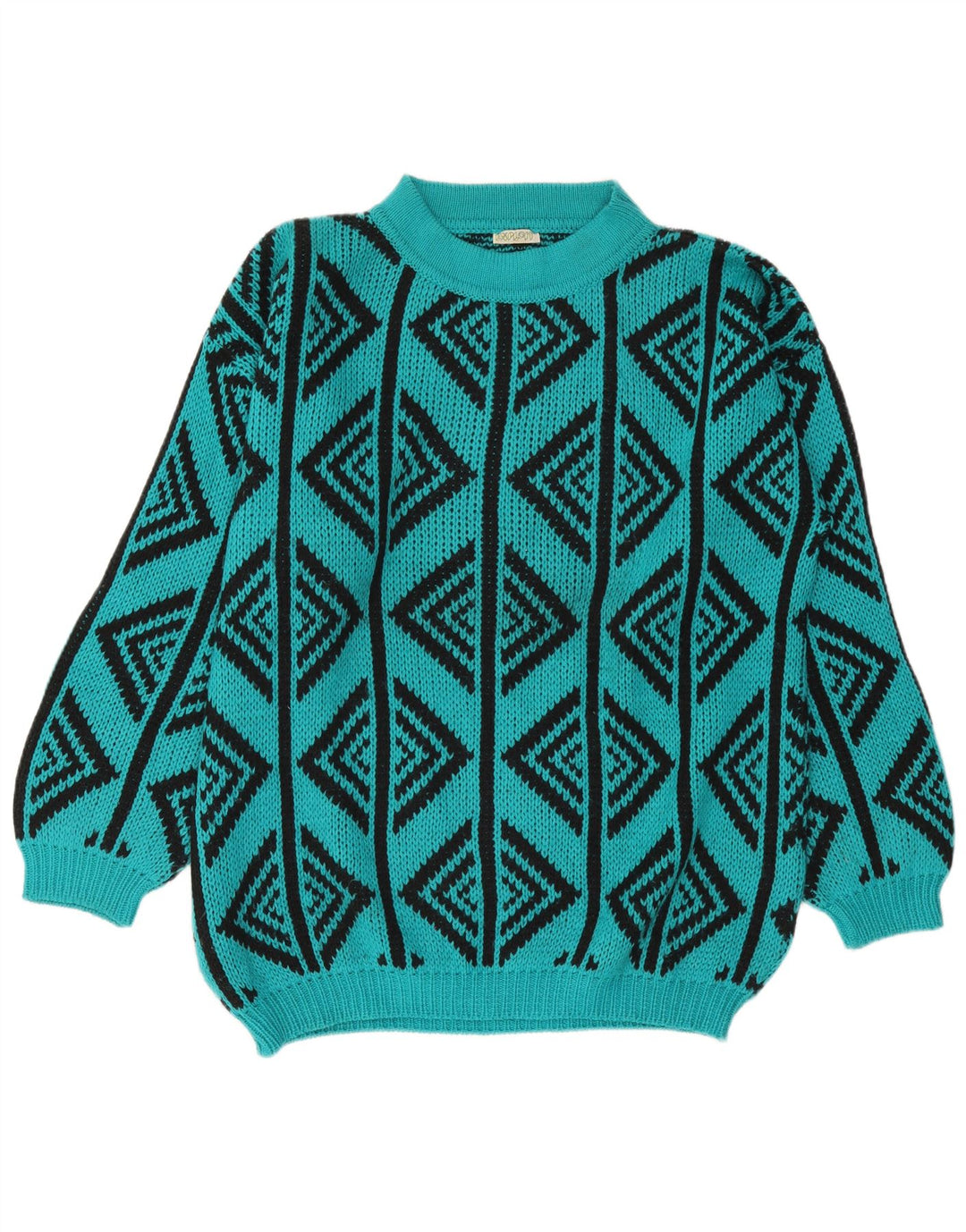 Maglione da uomo vintage con collo alto e maglione grande in lana geometrica turchese