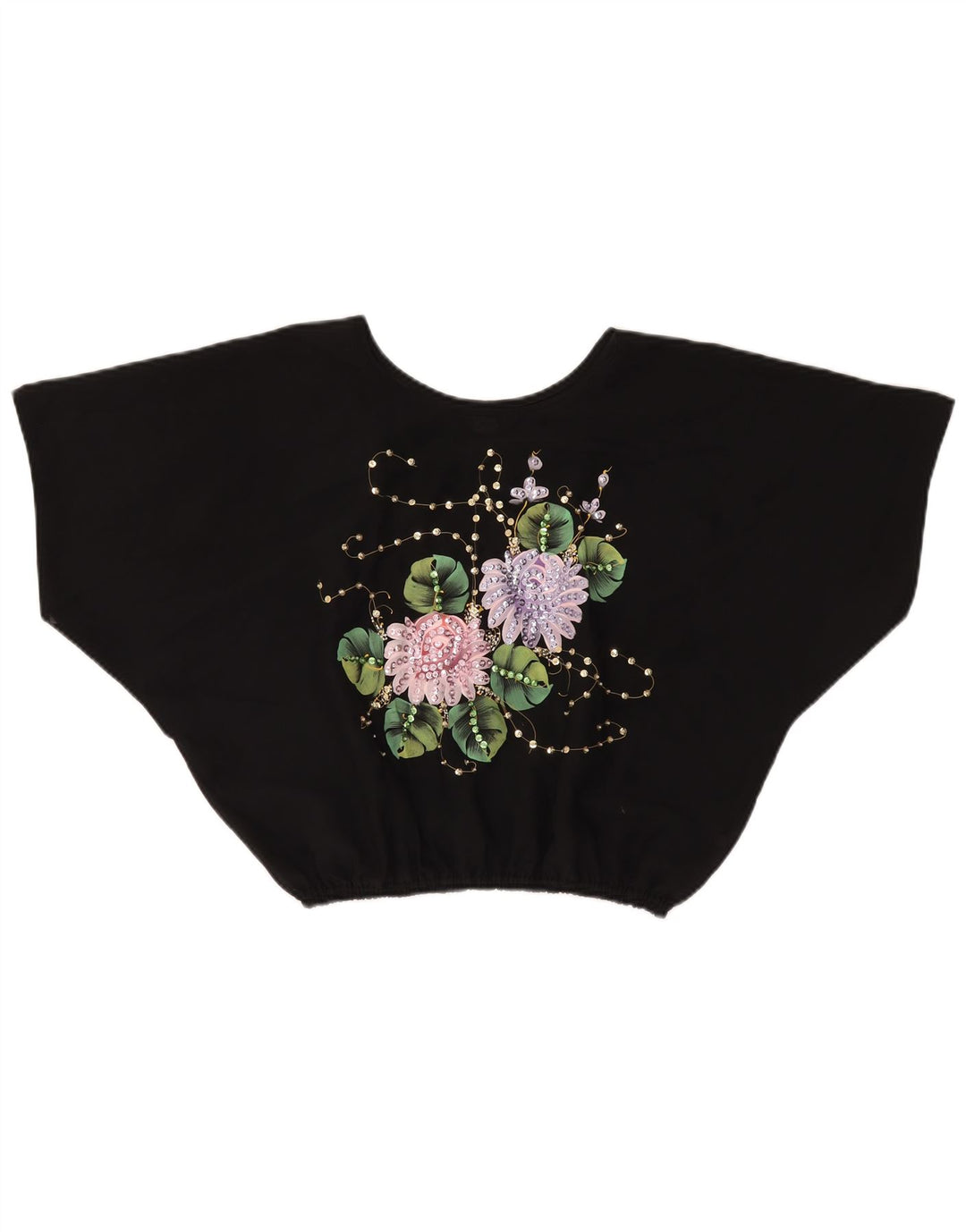 VINTAGE Camicetta a pipistrello corta da donna Top UK 18 XL Poliestere floreale nero