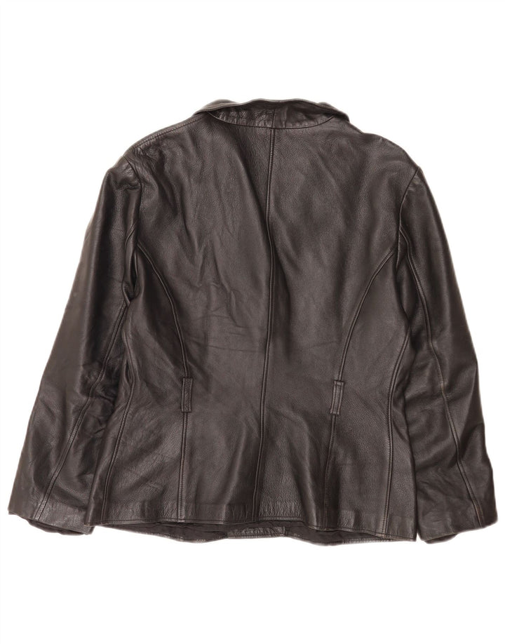 Giacca blazer in pelle vintage da donna a 4 bottoni UK 14 media nera classica