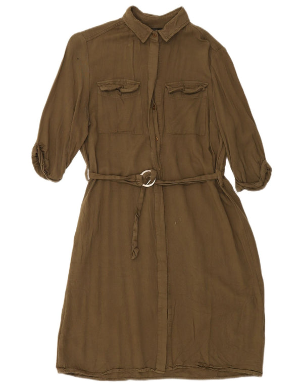 TOPSHOP Abito camicia oversize da donna con maniche a 3/4 UK 10 piccolo in viscosa kaki