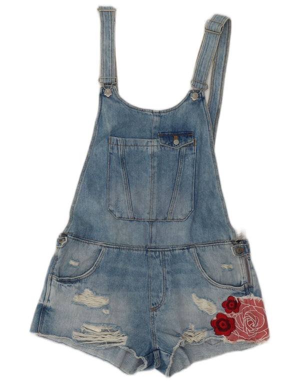 Salopette in denim effetto invecchiato Zara da donna, media W28 blu floreale
