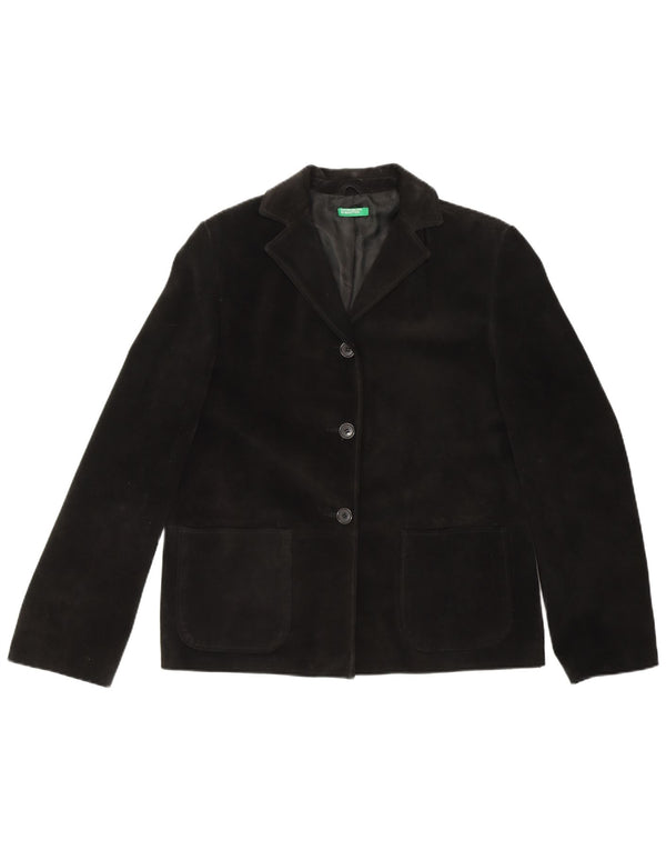 Giacca blazer da donna in pelle scamosciata a 3 bottoni BENETTON IT 44 media in pelle nera